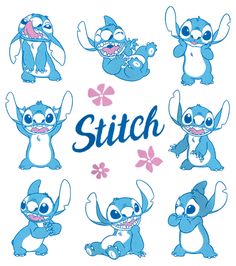 stitch characters in different poses with the word stitch written on their chest and bottom half