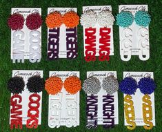 "These custom pom pom school spirit earrings will get you noticed at the game! Think mascot, school, team names. and more! *Choose from over 40+ colors of acrylic and 17 colors of seed bead pom pom earrings (see my color charts). *I cut each order out myself using my laser so you can choose ANY NAME or WORD! *These are post earrings, with the post on the back of the beaded ball. SIZING DETAILS: ALL EARRINGS WILL HAVE THESE DIMENSIONS UNLESS YOU CONTACT ME ABOUT CHANGING THE SIZE The beaded earring part is about 30mm/1.18\" in diameter. The acrylic name is about 2.25\" long and 0.75\" wide. Again, if you want a different size, please contact me before placing your order. The name is attached to the word using a jump ring. Jump rings will be silver unless you note gold tone in the personaliz School Spirit Earrings, Pom Earrings, School Spirit Wear, Beaded Ball, Pom Pom Earrings, Beaded Earring, School Team, Cheer Mom, Spirit Wear