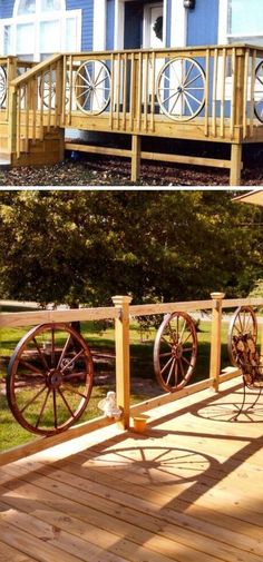 two pictures side by side one shows a wooden deck and the other shows an old wagon wheel