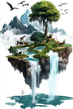 an island with waterfall and animals on it