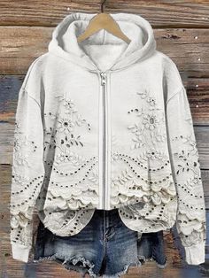 Shop Affordable Women Hoodies Spring/Fall Sweatshirt&Hoodie Casual Sweatshirt&Hoodie Floral Sweatshirt&Hoodie Regular Fit Daily Hooded Long Sleeve On Justfashionnow.com Lace Art, Fall Hoodies, Electronic Devices, Zipper Hoodie, White Hoodie, Lcd Screen, Embroidered Lace, Full Zip Hoodie, Long Sleeve Casual