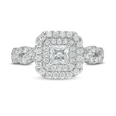 a white diamond ring with two rows of diamonds on the band and a square center stone surrounded