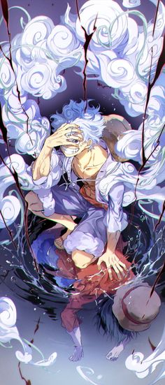 an anime character with white hair and blue eyes sitting in the water surrounded by branches