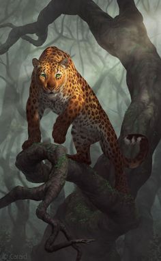 a painting of a leopard on a tree branch in the woods with its eyes open