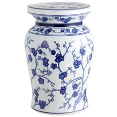 a blue and white vase with flowers on it's lid is shown in front of a white background