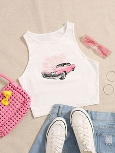 White Casual Collar  Cotton Graphic,Letter Tank Embellished Slight Stretch  Women Tops, Blouses & Tee Casual Graphic Print Tank Crop Top, Y2k Letter Print Tank Crop Top, Preppy Tank Tops, Cheap Summer Tank Top With Cartoon Print, Summer Cartoon Print Tank Top, Printed Tank Tops, Tank Top Cami