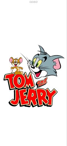 the tom and jerry logo is shown in red, white, and blue with an image of