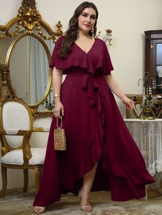 Burgundy  Collar Short Sleeve Chiffon Plain A Line Embellished Non-Stretch Spring/Summer Weddings & Events Sukienki Plus Size, Plus Size Formal, Plus Size Formal Dresses, Curvy Dress, Chiffon Bridesmaid Dress, Plus Size Wedding, Chiffon Bridesmaid, Guest Outfit, Formal Evening Dresses