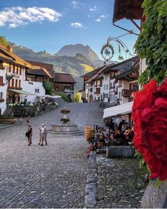 two people are walking down the cobblestone street in front of buildings and flowers