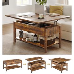 the coffee table is made out of wood and has two drawers on each side, one with