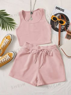 Tight Tank Top, Drawstring Shorts Outfit, Drawstring Waist Shorts, Solid Tank Tops, Scoop Neck Tank Top, Track Shorts, Plus Size Kleidung, Solid & Striped, Outfit Set