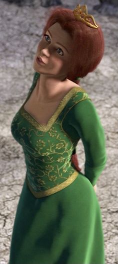 a woman in a green dress with a gold crown on her head and hands behind her back