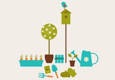 an image of gardening related items displayed on a white background with blue and green accents