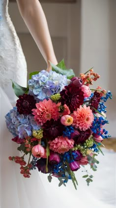 Bold Colorful Hydrangea and Dahlia Wedding Bouquet Dahlia Hydrangea Bouquet, Colorful Hydrangea Bouquet, Hydrangea And Dahlia Bouquet, Wedding Bouquet With Hydrangeas, Dhalia Aesthetic Bouquet, Hortensia Wedding, Dahlia Bouquet Wedding, Pink Hydrangea Bouquet, Wedding Bouquet Colorful