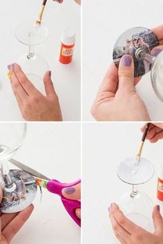 the process of painting wine glasses with acrylic paint and nail varnishs