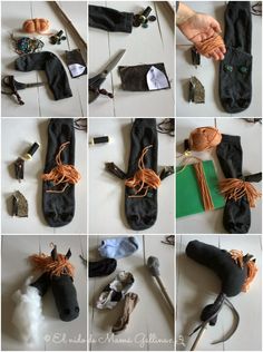 the process of making an animal head out of black fabric and orange string with scissors