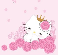 a hello kitty wallpaper with roses and a crown on it's head in pink