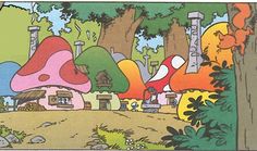 an image of a cartoon scene with mushrooms and houses in the woods, as well as trees