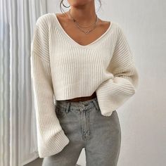 Women's Sweater Short Cropped Loose Drop-shoulder Short Rib Sweater Cropped Pullover, Crop Top Casual, Loose Fabric, Late Fall, Clean Body, Women Sweaters, Long Sleeve Pullover Sweater, Knit Sleeve