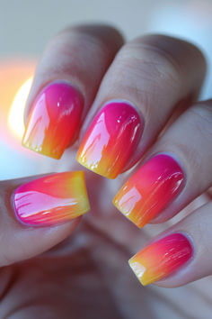 Ombre Sunset: Nail Designs For A Yellow Dress Pink And Yellow Ombre Nails Acrylic, Pink Orange Yellow Ombre Nails, Pink And Orange Ombre Nails Art Designs, Red Orange Yellow Ombre Nails, Pink And Yellow Ombré Nails, Yellow Pink Nails Design, Pink Yellow Nail Designs, Sunset Dip Nails, Pink And Orange Ombre Acrylic Nails