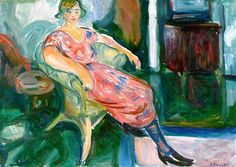 a painting of a woman in a pink dress sitting on a green chair next to a window