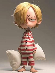 a cartoon character with blonde hair and glasses is standing in front of two pillows, one has his eyes closed