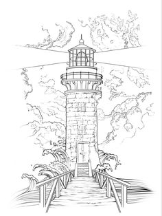 a drawing of a lighthouse in the ocean with clouds above it and stairs leading up to it