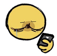 a smiley face holding a cell phone in it's right hand and covering its eyes with both hands