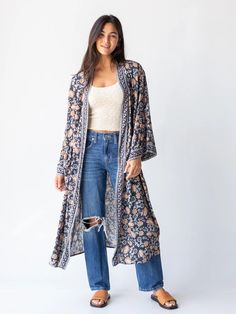 Camila Kimono - Charcoal Light Blue Floral-view 1 Layered Lace Top, Boho Womens Clothing, Cute Kimonos, Soft Robes, Kimono Yukata, Flowy Sleeves, Boho Kimono, Layered Tops, How To Make Clothes