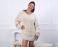 "MATERIAL : 3 strands of 100 % alpaca yarn COLOUR : Natural ( There may be a slight difference because of the different monitors' representation) ♥ In the picture the model is wearing a garment with these measurements : A: ( Body Length) : 28.7 \" / 73 cm B: (Chest width) : 22.8 \" / 58 cm C : (Sleeve from armpit) : 24.8 \" / 63 cm D: (Neck unrolled) : They are taken with the item laid flat and not streched. ♥ For choosing your size please look at size chart in our listing pictures. Please check Cream Knitted Alpaca Sweater, Cream Long Sleeve Alpaca Sweater, Alpaca Chunky Knit Crew Neck Sweater, Alpaca Crew Neck Sweater In Chunky Knit, Alpaca Crew Neck Sweater With Chunky Knit, Handmade Cozy Alpaca Sweater, Beige Hand Knitted Crew Neck Sweater, Hand Knitted Beige Crew Neck Sweater, Cozy Cream Alpaca Sweater