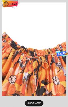 Orange Floral Print Drawstring Ruffled Off Shoulder Loose Blouse Flowy Orange Summer Blouse, Flowy Orange Blouse For Summer, Summer Blouse With Ruffle Hem, Summer Vacation Blouse With Ruffle Hem, Orange Floral Print, Skirt Denim, The Bubble, Printed Drawstring, Loose Blouse