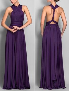 two pictures of a woman in a long purple dress with cutouts on the back