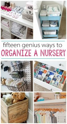 an organized nursery closet with baby items in it and the words fifteen genius ways to organize a nursery