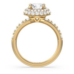 a yellow gold engagement ring with an oval center stone surrounded by small round brilliant cut diamonds