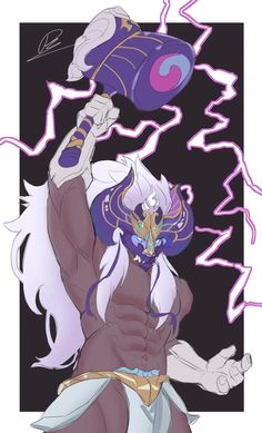 an anime character with long white hair holding a purple object in her hand and lightning behind her