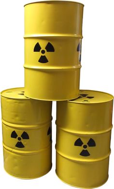 four yellow barrels with radioactive symbols on them