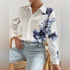 Brand New, Never Worn White, Blue Flower, Collar, Long Sleeve, Non Stretch, 100% Polyester Collared Floral Print Tops For Office, Floral Print Collared Top For Office, Fall Fashion Skirts, Print Shirts Women, Embellished Shirt, Painted Clothes, Women Blouses, Womens Long Sleeve Shirts, Fashion Design Clothes