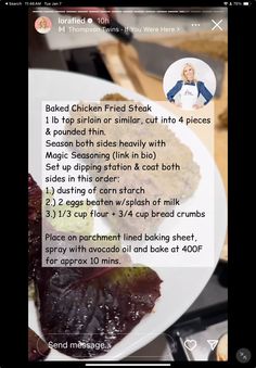 an image of a plate with food on it and the words baked chicken fried glub