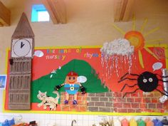 there is a mural on the wall in the kitchen with children's toys around it