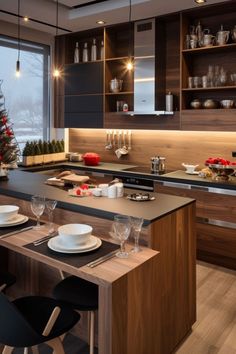 a modern kitchen with wooden cabinets and black counter tops is lit by recessed lights