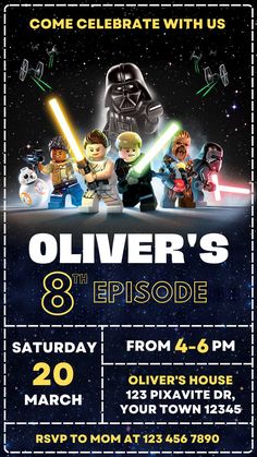 lego-star-wars-birthday-invite-mobile Star Wars Kids Party, Lego Star Wars Birthday Party, Star Wars Party Decorations, Lego Star Wars Birthday, Star Wars Themed Birthday Party, Lego Star Wars Party, Birthday Invite Template, Star Wars Theme Party, Star Wars Invitations