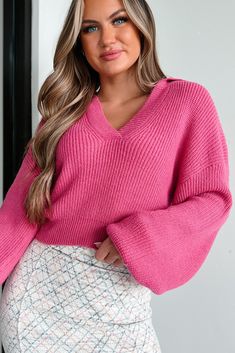 Fabulously Chic Cropped Balloon Sleeve Sweater (Magenta) – NanaMacs Pink Textured Knit V-neck Sweater, Cozy Pink V-neck Sweater, Trendy Pink V-neck Sweater, Cozy V-neck Sweater For Spring, Pink V-neck Sweater For Winter, Casual Pink Knit V-neck Sweater, Pink Soft Knit V-neck Sweater, Pink V-neck Soft Knit Top, Cozy Pink V-neck Top