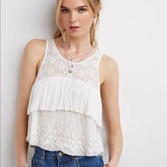 Forever 21 Embroidered-Mesh Layered Top Size Small Color Cream New With Tags Casual Lace Top With Floral Embroidery, Trendy Lace Top For Summer, Casual Floral Embroidered Lace Top, Fitted Forever 21 Tops With Lace Trim, Forever 21 Lace Tops For Summer, Forever 21 White Feminine Top, Forever 21 Lace Summer Tops, Forever 21 White Bohemian Top, Forever 21 Yellow Cotton Top