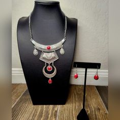 Necklace And Earrings Set Nwot Silver Teardrop Metal Jewelry Sets, Red Metal Dangle Necklace, Red Dangle Costume Jewelry, Red Sterling Silver Necklace With Matching Earrings, Bohemian Red Metal Jewelry, Nickel-free Red Metal Necklace, Mom Ring, Turquoise Pendant Necklace, Bead Bangles