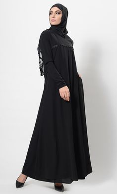 Flow with lace abaya + Free Hijab - EastEssence.com Elegant Niqab For Eid, Elegant Solid Niqab For Eid, Elegant Black Abaya With Modesty Panel, Elegant Solid Color Abaya With Modesty Panel, Elegant Maxi Length Niqab For Eid, Solid Color Abaya With Modesty Panel For Eid, Modest Abaya With Modesty Panel, Eid Abaya With Modesty Panel In Solid Color, Black Abaya With Modesty Panel For Eid