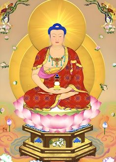 a buddha statue sitting on top of a pink flower covered platform in front of a yellow background