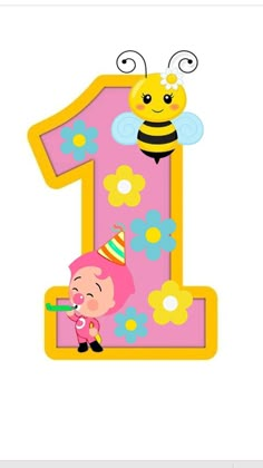 a pink number one with a cartoon character and a bee on it's face