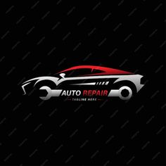 the auto repair logo is shown on a black background with red and white stripes,