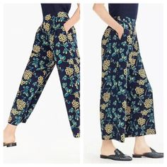 J. Crew Wide Leg Floral Cropped Pants Sz 10 New With Tags Onseam Front Pockets Polyester Elastic Waistband At Back Measured Flat 1.5” Wide Waistband 15.5”-18” Waist 12” Rise 23.5” Inseam 35” Length Navy Blue Background With Yellow And Green Floral Print Easy Through Hip And Thigh With A Cropped Wide Leg Pull On ** Get $10 In Posh Credit By Entering My Code Kalifreshness When You Sign Up For A New Poshmark Account** Blue Floral Print Bottoms For Workwear, Blue Floral Print Pants For Work, Workwear Floral Print Tapered Leg Pants, Pant Women, Wide Leg Cropped Pants, Crew Clothing, Floral Pants, Wide Waistband, Blue Background