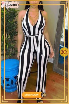 Stripe Print Hang Neck Jumpsuit with Belt Trendy Striped Jumpsuits And Rompers For Beach, Casual Fitted One-piece Jumpsuits And Rompers, Casual Fitted One-piece Jumpsuit, Trendy Striped Jumpsuits And Rompers For Vacation, Trendy Striped Jumpsuits And Rompers For Summer, Striped V-neck Jumpsuits For Vacation, Trendy Striped Fitted Jumpsuits And Rompers, Trendy Fitted Striped Jumpsuits And Rompers, Chic Striped Fitted Bodysuit